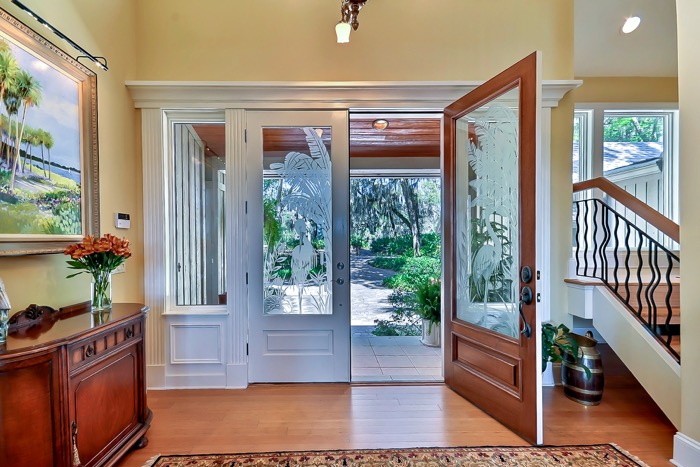 Welcome to our home- foyer and looking back to Oak Marsh Golf Course 15th tee box 