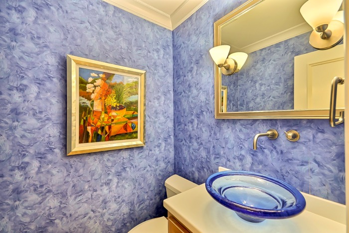 42 Marsh Creek powder room with Kathy MIller abstract painting and blue sink