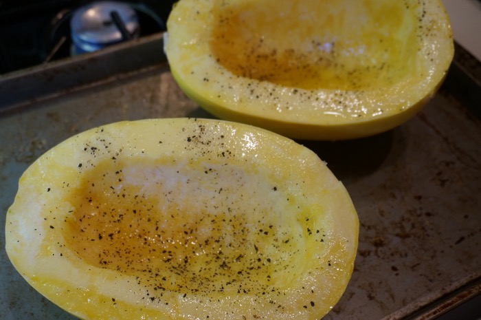 Spaghetti Squash cut in half photo by Kathy Miller