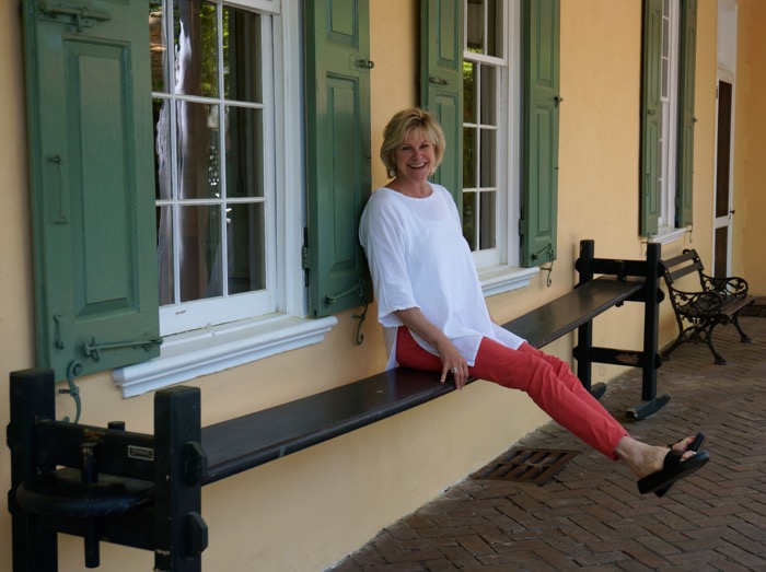 Kathy Miller tests a joggling board at The Thomas Rose House, Charleston, SC photo by Kathy Miller