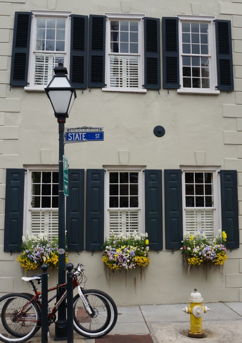 Yellow window boxes with bicycles and yellow fire hydrant photo by Kathy Miller