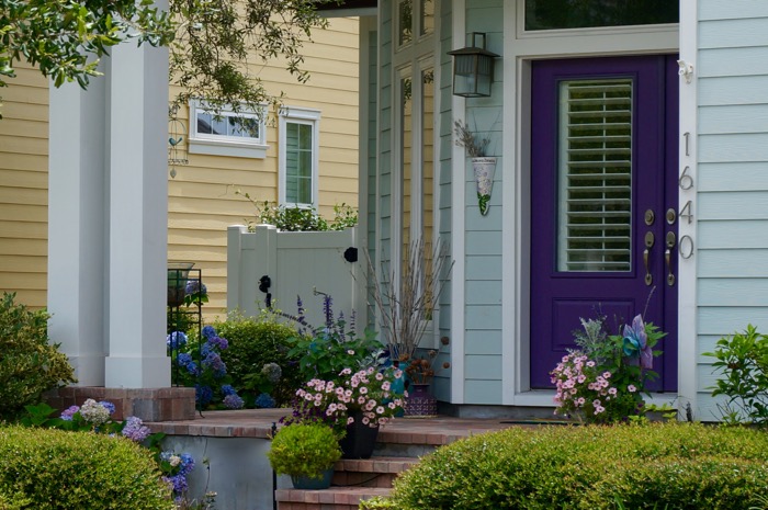 Purple door and hydrangeas, Amelia Park, photo by Kathy Miller