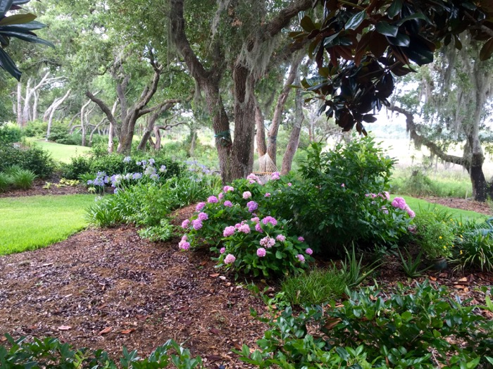 Hammock nestled among oak trees and hydrangeas with marsh views photo by Kathy Miller