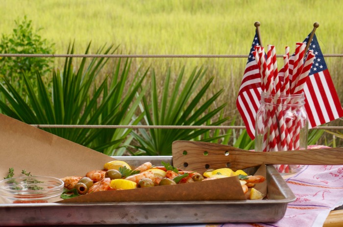 Low Country Boil with flags for the 4th of July photo by Kathy Miller