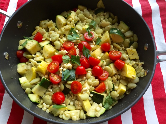 Summer Succotash with fresh corn, lima beans, zucchini, yellow squash and grape tomatoes photo by Kathy Miller