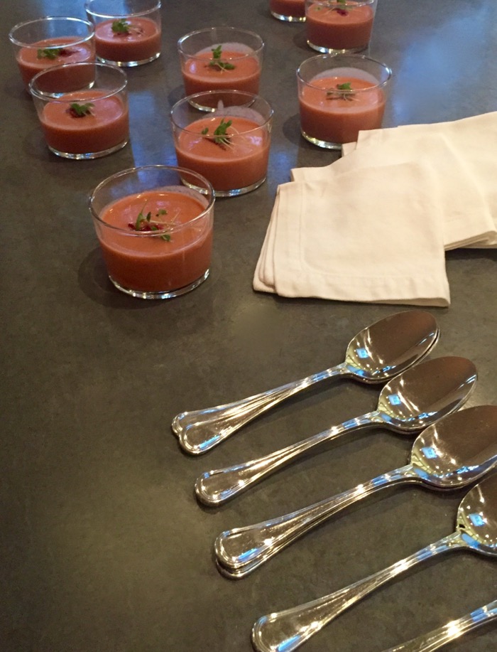 Chilled Strawberry Gazpacho with micro greens lemon basil photo by KathyMillerTime