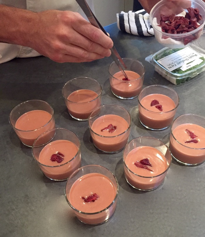 Chilled Strawberry Gazpacho with micro lemon basil photo by Benjie McEntyre via KathyMillerTime