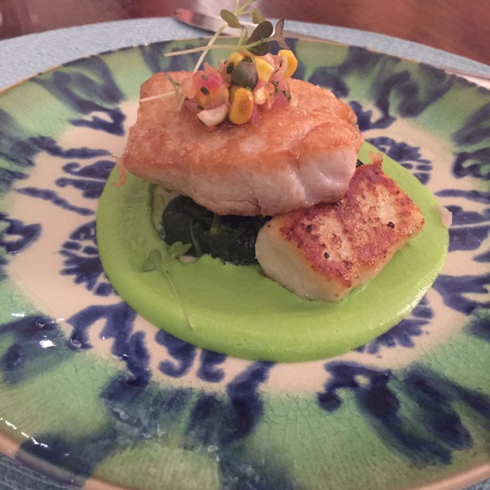 Florida Snapper, sauteed spinach, potato gnocchi, English pea puree, orange Beurre blanc sauce photo by KathyMillerTime