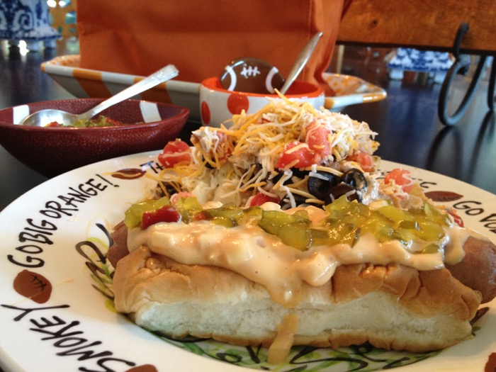 Joy McCabe's hotdog and 7 Layered Dip photo by Joy McCabe via KathyMillerTime