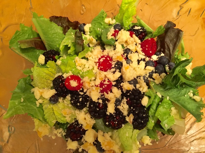 Mixed salad greens with raspberries and fresh blackberries photo by Kathy Miller