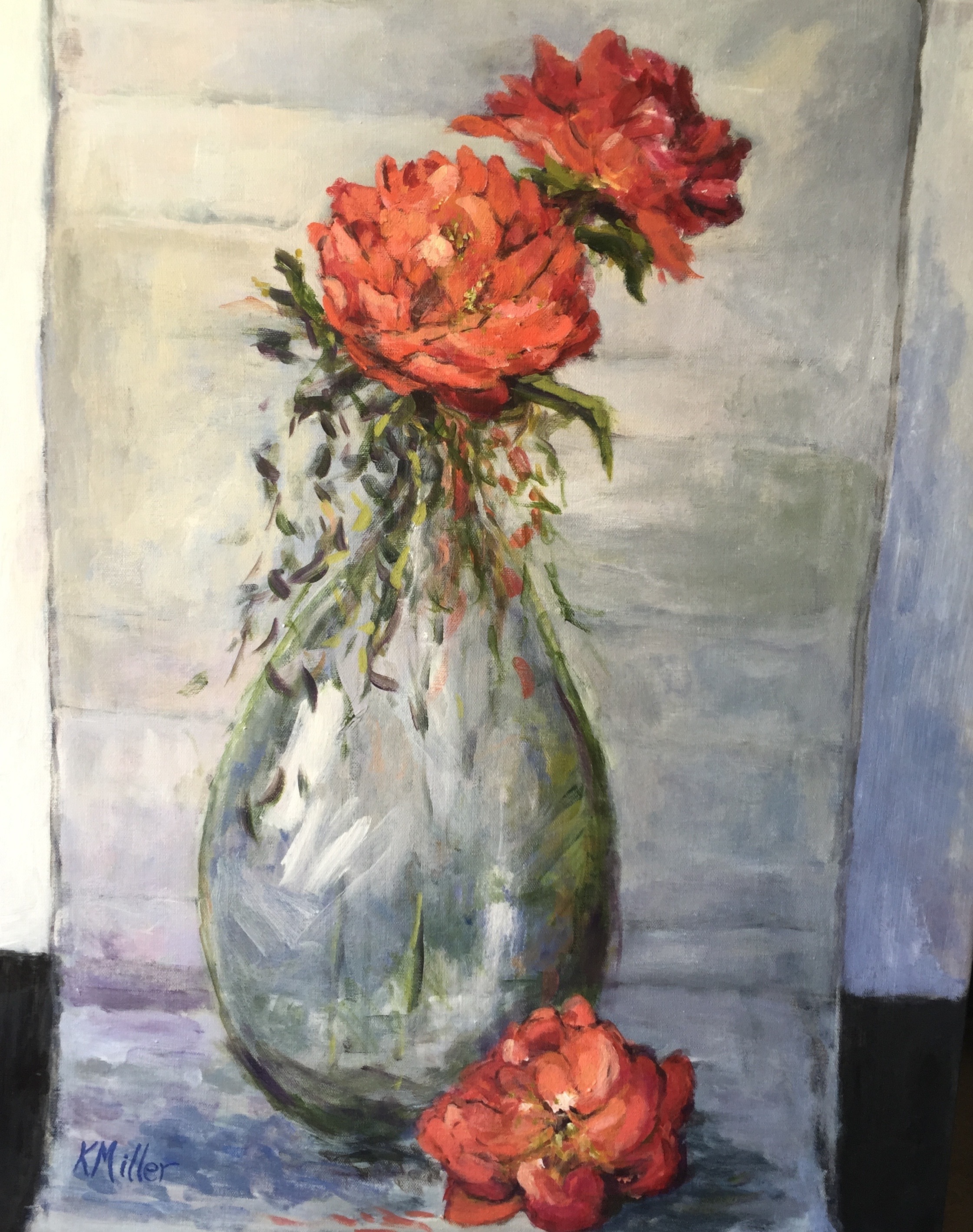 Flamingo Peonies In A Bottle painting by Kathy Miller