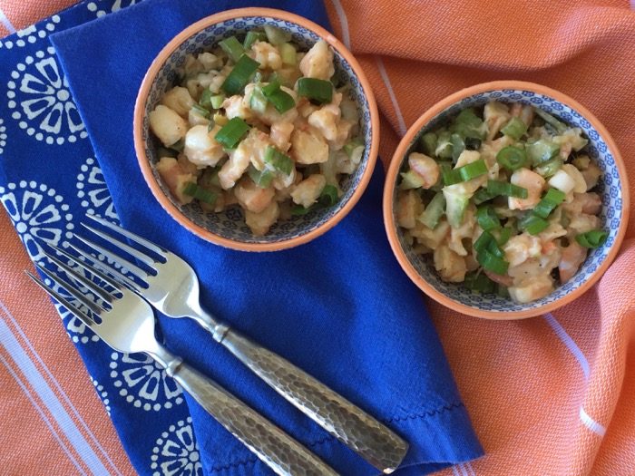 Shrimp Salad with Sriracha Sauce and a little blue and orange for tailgating photo by Kathy Miller