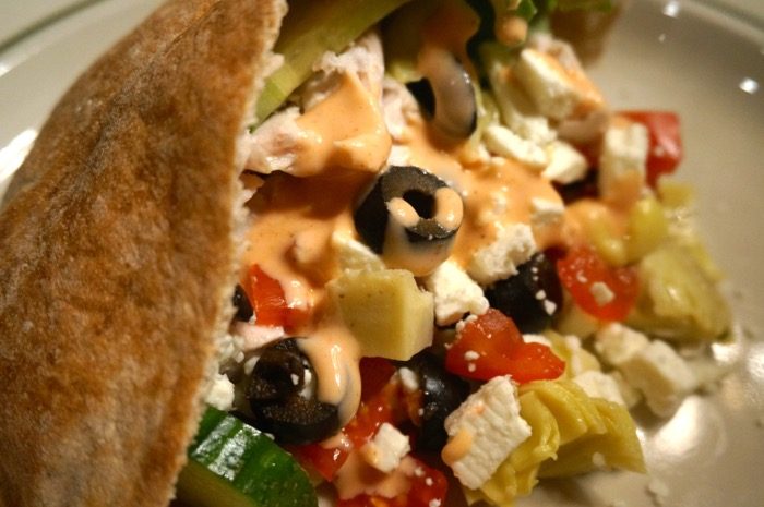 Chipati Salad In Pita Bread with Frank's Hot Sauce photo by Kathy Miller