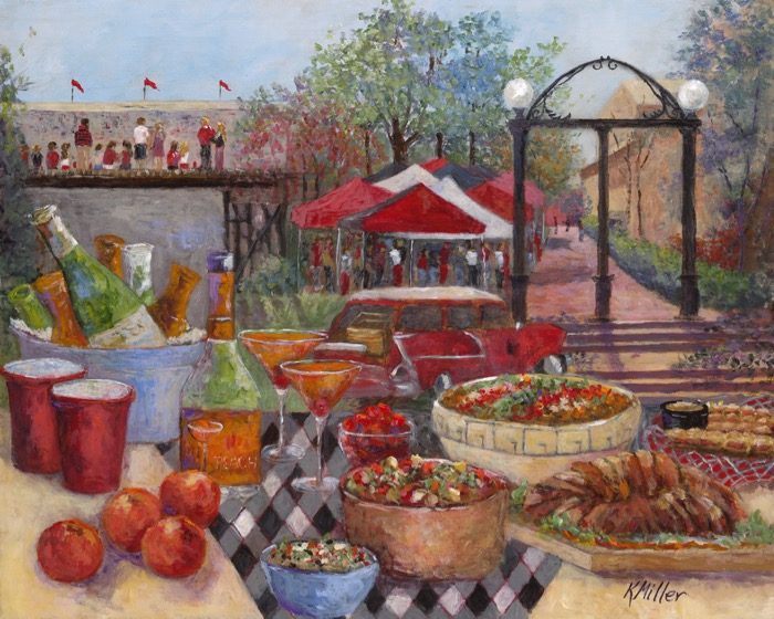 Tailgating Under The Arch painting and print by Kathy Miller