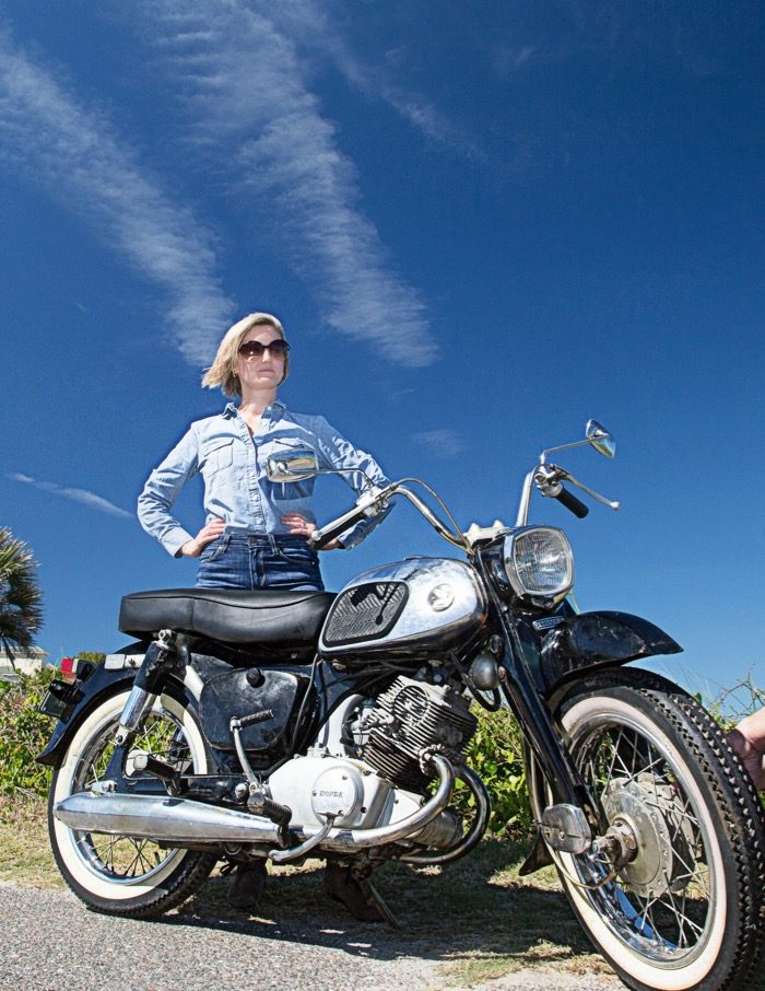 Gloria Hart with some attitude and a sweet 1965 Honda Dream motorcycle photo by Susan Scarborough