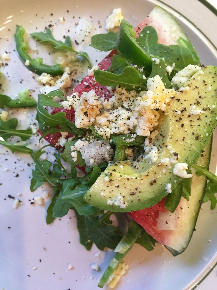 Watermelon Wedge Salad with arugula, avocado, jalapeno and white Stilton cheese with mango and ginger cropped photo by Kathy Miller