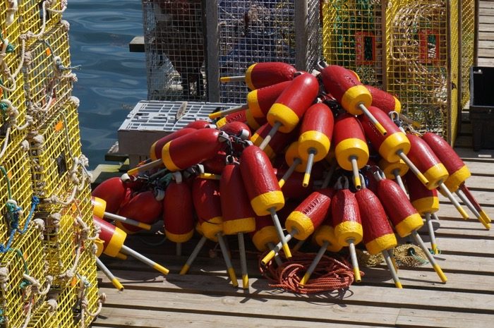 Buoys piled on the dock outside Thurston's Lobster pound photo by Kathy Miller