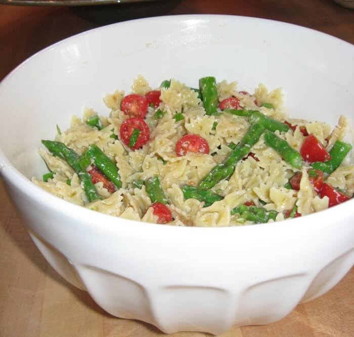 Pasta Salad with Asparagus, Fresh Basil, Tomato and Parmesan photo by Kathy Miller