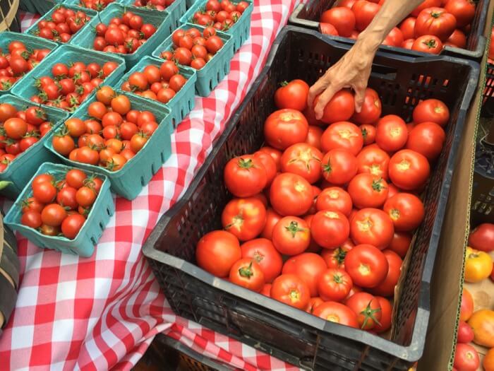 Vermont Farmer's Market with beautiful tomatoes photo by Kathy Miller