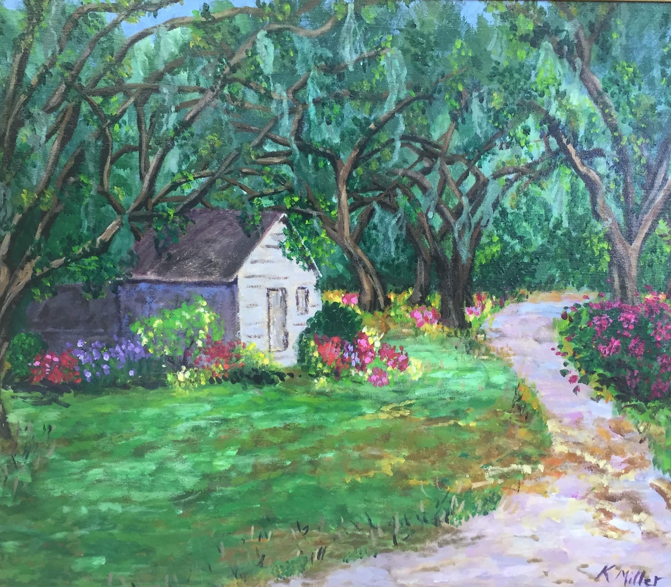 A Cabin In The Oaks 20" x 24" Acrylic on Canvas Original Painting by Kathy Miller