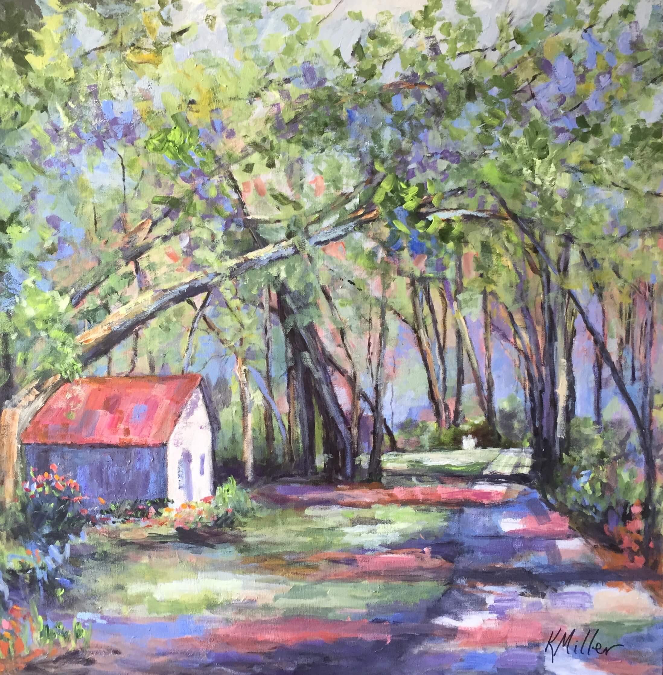 Cabin In The Oaks II 36" x 36" Acrylic on Canvas Original Kathy Miller Painting