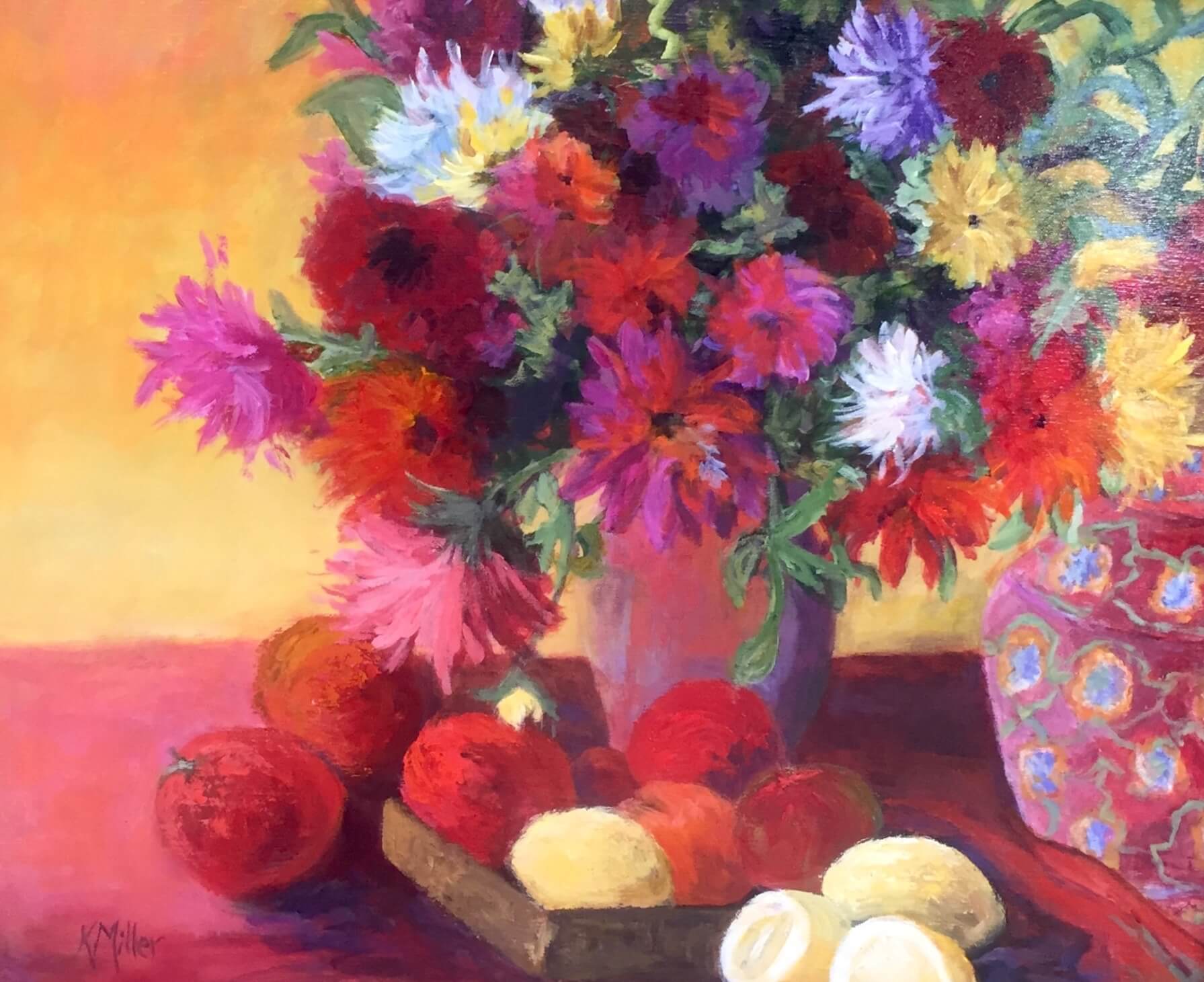 Dahlias Still Life With Vase, Lemons and Apples original acrylic painting by Kathy Miller
