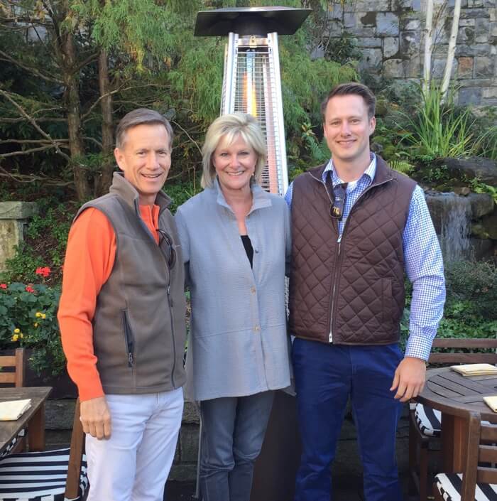 Dave, Kathy and James celebrating James' birthday at Old Edwards Inn Wine Garden, Highlands, NC photo by Kathy Miller