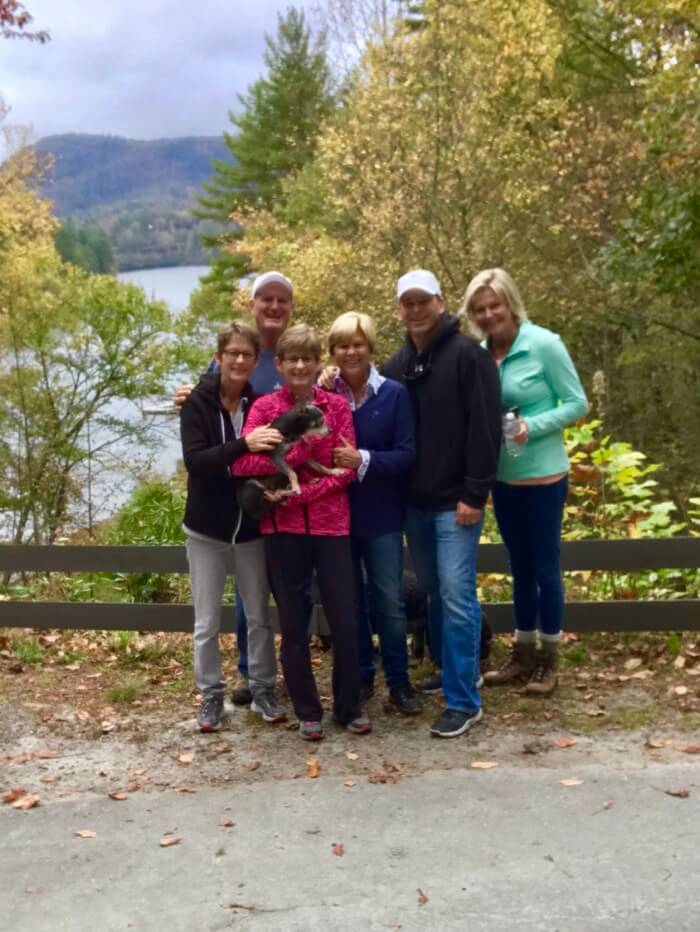 Family and friends hiking Fairfield Lake in Cashiers, NC photo by Kathy Miller