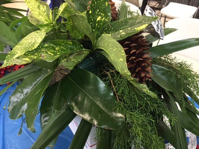 Adding foliage and pinecones to fill in mailbox decoration photo by Kathy Miller