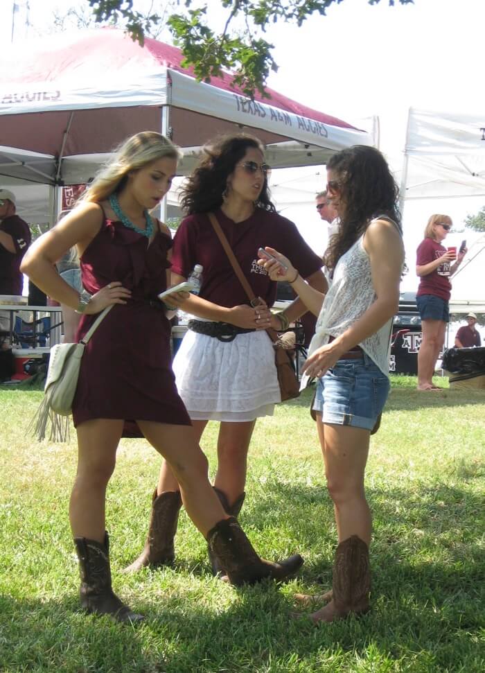 Lace and cowboy boots at Texas A&M photo by Kathy Miller