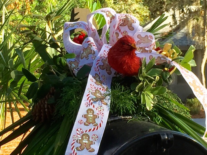 Red Bird and gingerbread ribbon mailbox decoration