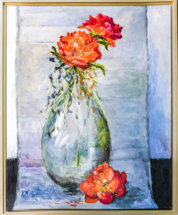 Peonies In Bottle II original acrylic painting by Kathy Miller photo by Steve Leimberg