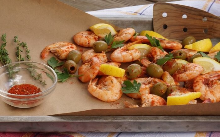 Shrimp Boil with Green Olives and Lemon photo by Kathy Miller