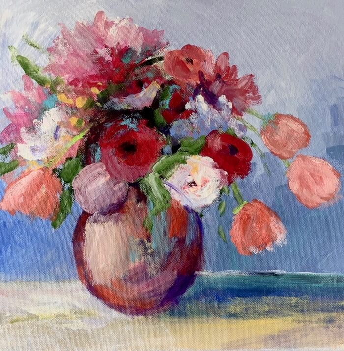 Tulips and Dahlias Round 1 painting by Kathy Miller