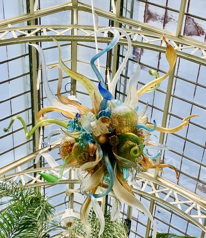 2nd Burnished Amber, Citron and Teal Chandelier- Chihuly at Biltmore photo by Kathy Miller