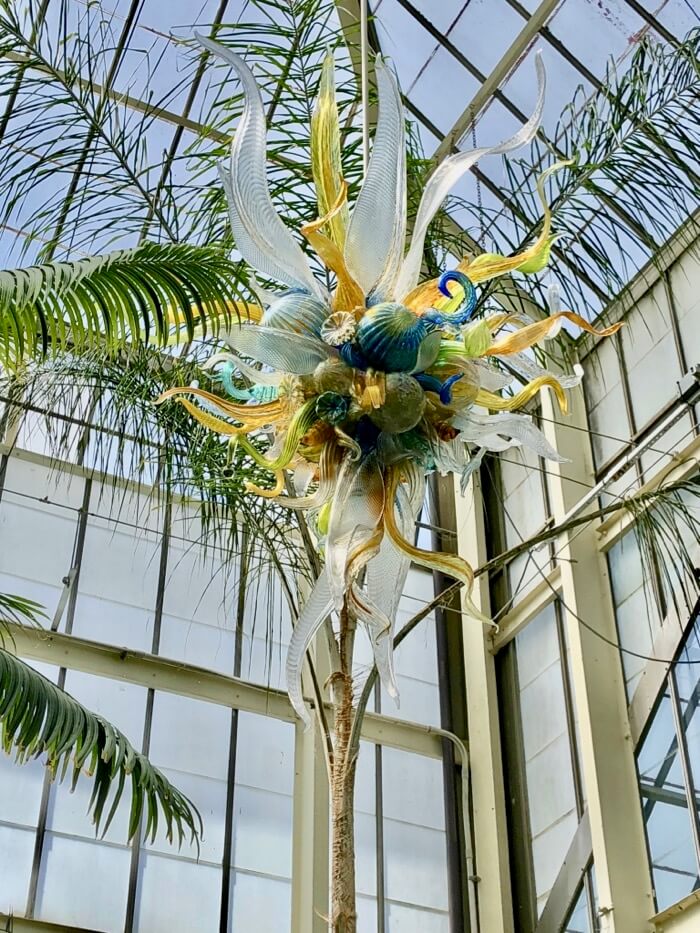 Burnished Amber, Citron and Teal Chandeliers abstract- Chihuly at Biltmore photo by Kathy Miller