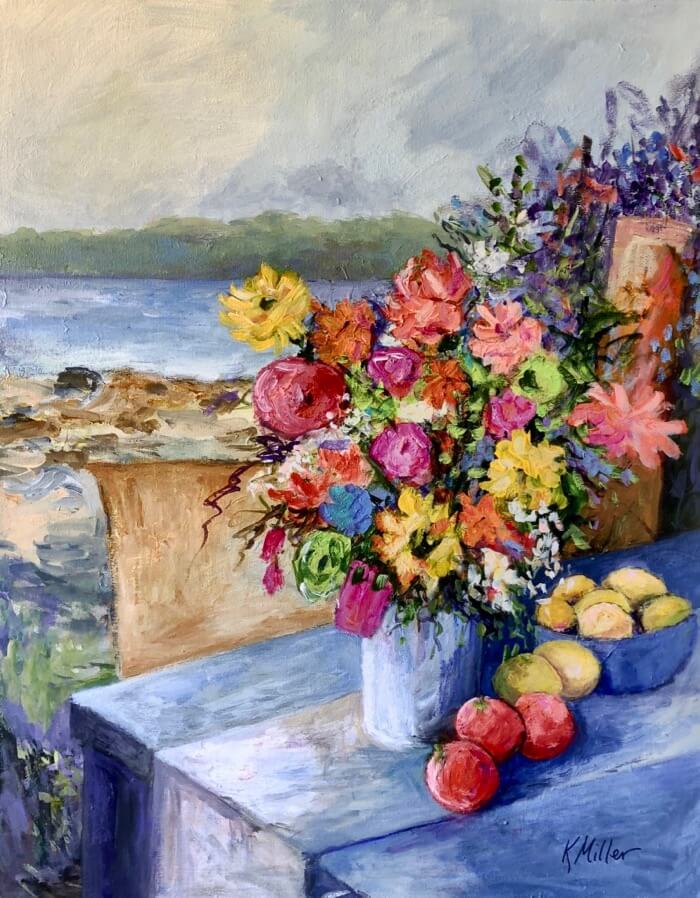 Flowers and Fruit On The Coast of Maine, an original 24"x30" acrylic painting by Kathy Miller