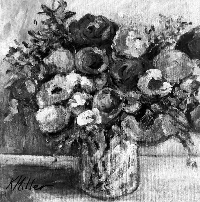 Peonies, Tulips and Sweet Peas Black and white photo of painting by Kathy Miller