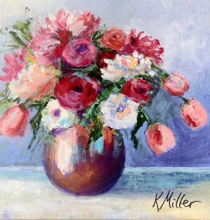 Tulips and Dahlias signed, sealed and delivered original acrylic painting by Kathy Miller