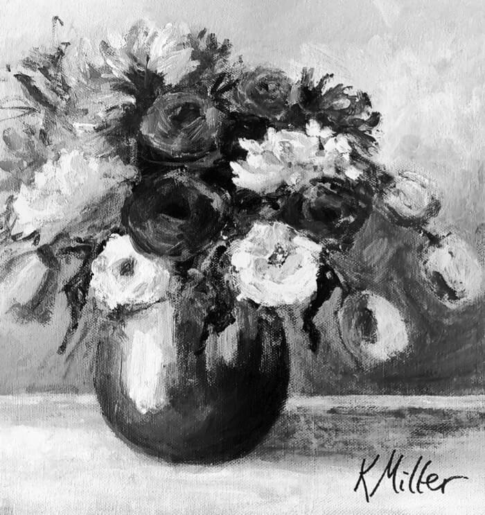 Tulips and Dahlias in Vase Black and White photo by Kathy Miller