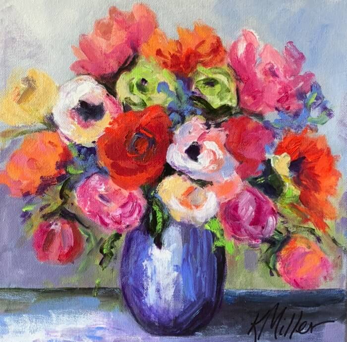 Flowers in Blue Vase-Final 12x12 Acylic on Canvas original painting by Kathy Miller