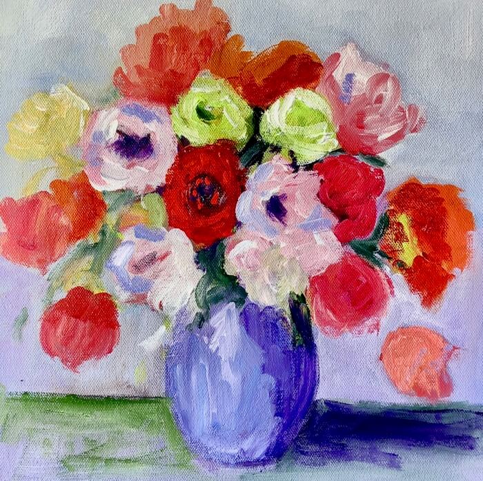 Flowers in Blue Vase Round 1 painting by Kathy Miller