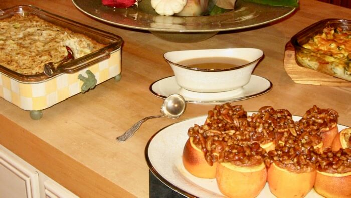 Thanksgiving Sides, Potato Stuffing, Sweet Potato Stuffed Oranges, Turkey Gravy photo by Kathy Miller