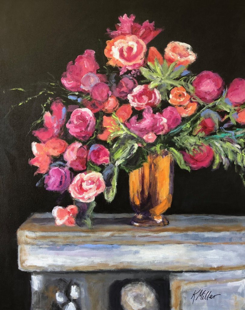 Anemones, Begonias and Peonies in Brass Vessel painting by Kathy Miller, inspired by Lewis Miller floral design 