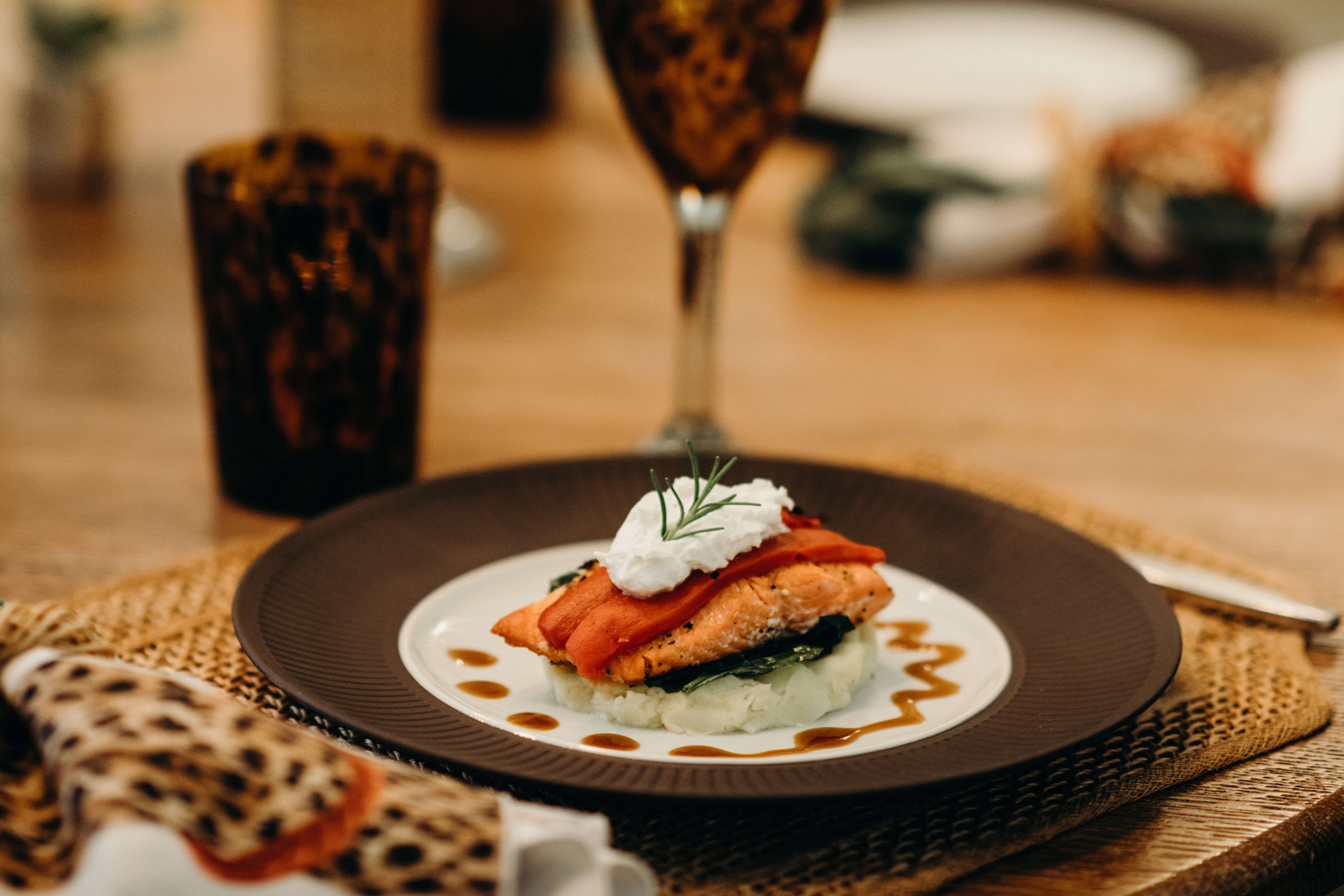 Salmon Stack with Roasted Red Peppers, Goat Cheese and Wasabi Mashed Potatoes photo by Page Teahan