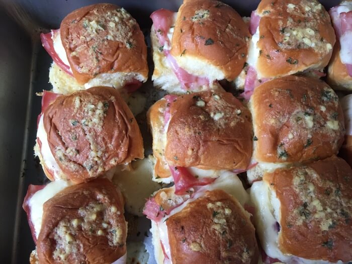 Ham and White Cheddar Cheese Sliders with Boursin Cheese and Blueberry Preserves