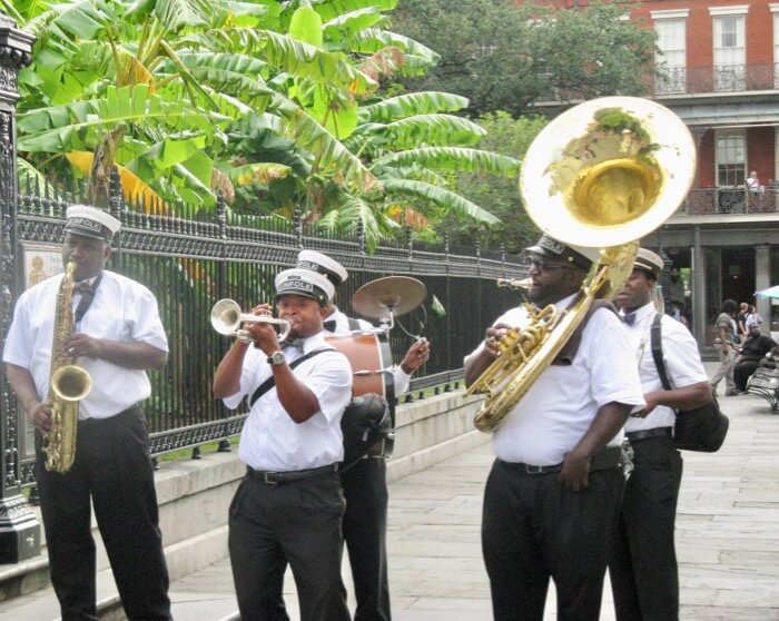 Jazz brass band on Lafayette Square in New Orleans photo by Kathy Miller