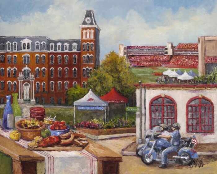 UNIVERSITY OF ARKANSAS, TAILGATING IN THE OZARKS PAINTING BY KATHY MILLER