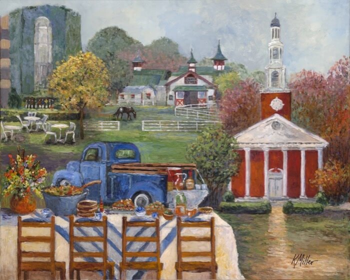 UNIVERSITY OF KENTUCKY, TAILGATING IN KENTUCKY BLUE GRASS COUNTRY PAINTING BY KATHY MILLER