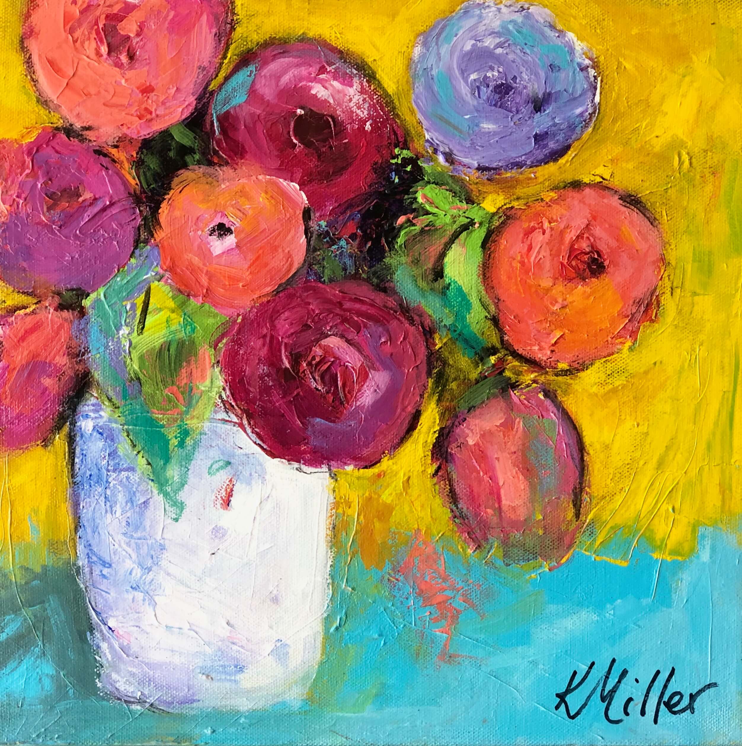 Funky Flowers with yellow and turquoise background painting by Kathy Miller